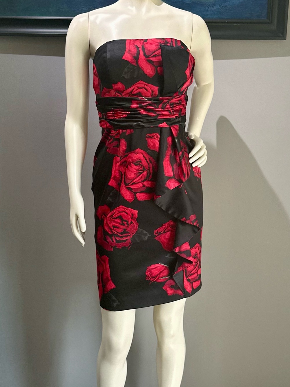White House Black Market Strapless Black Dress with Red Rose Print